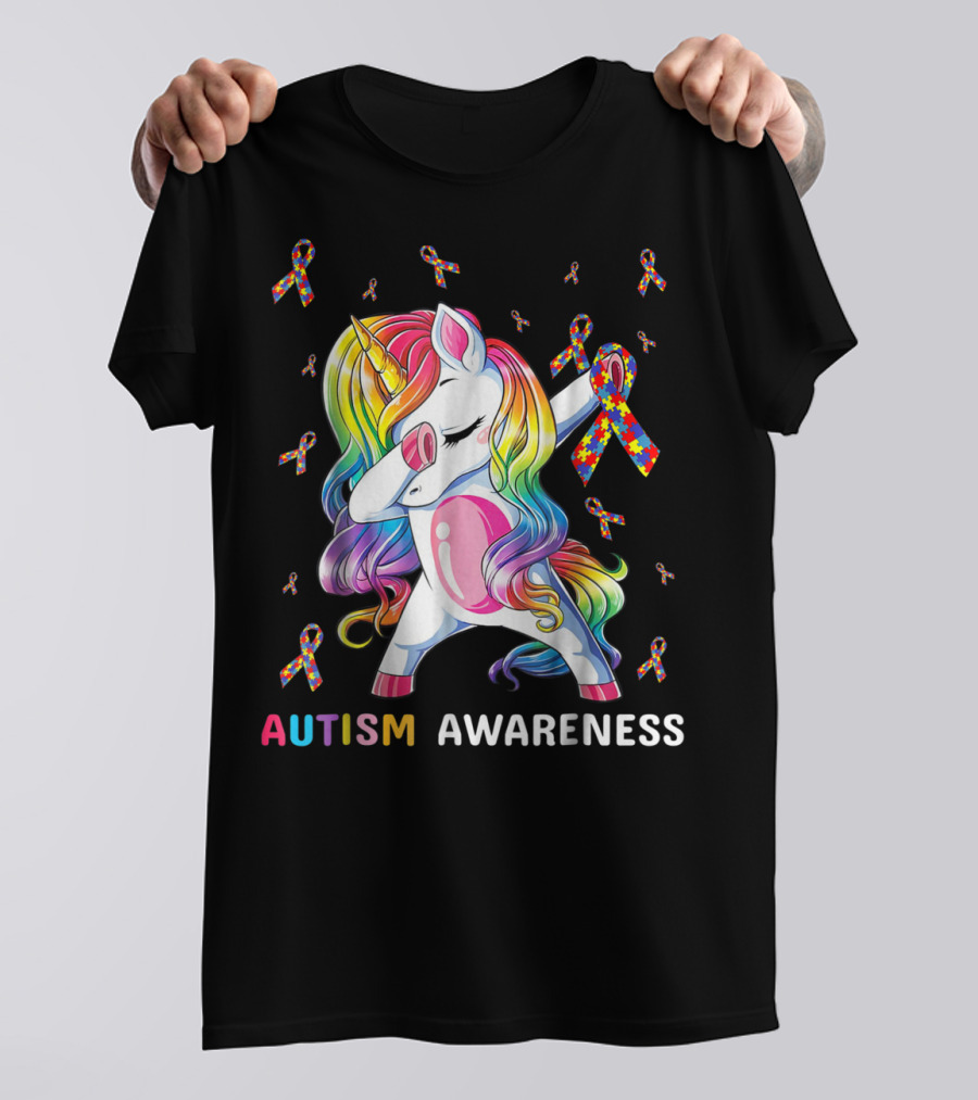 Autism Awareness Unicorn Dabbing With Rainbow Puzzle Ribbons T-Shirt
