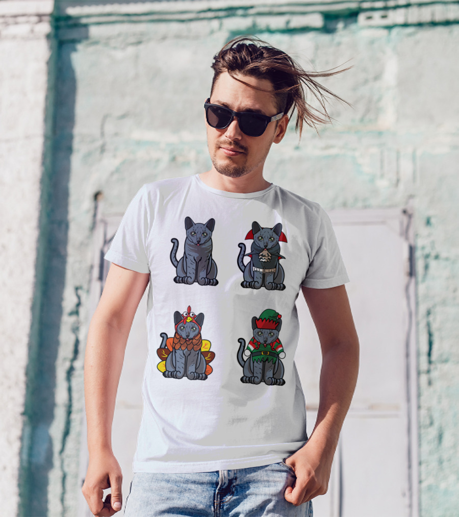 Blue Cat Halloween Thanksgiving Christmas Costumes T-Shirt
