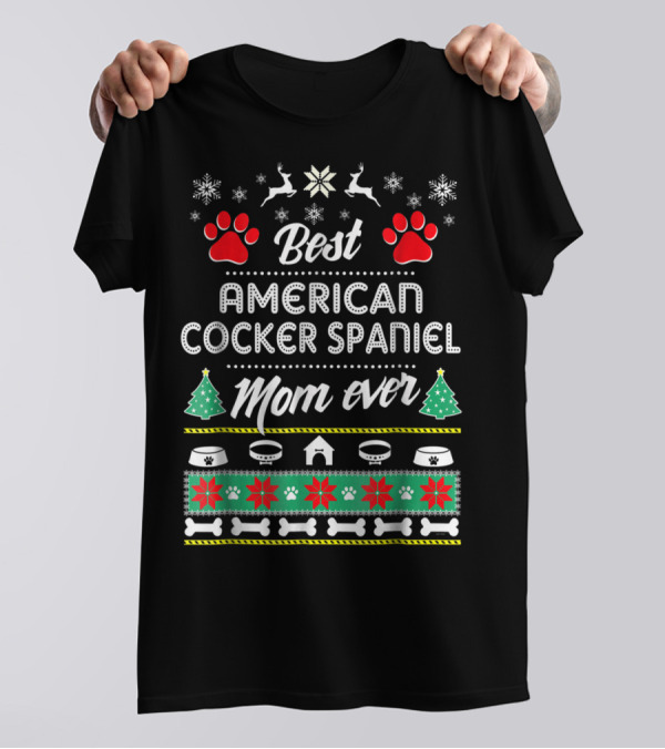 Best American Cocker Spaniel Mom Ever Christmas Paw Prints Snowflakes T-Shirt