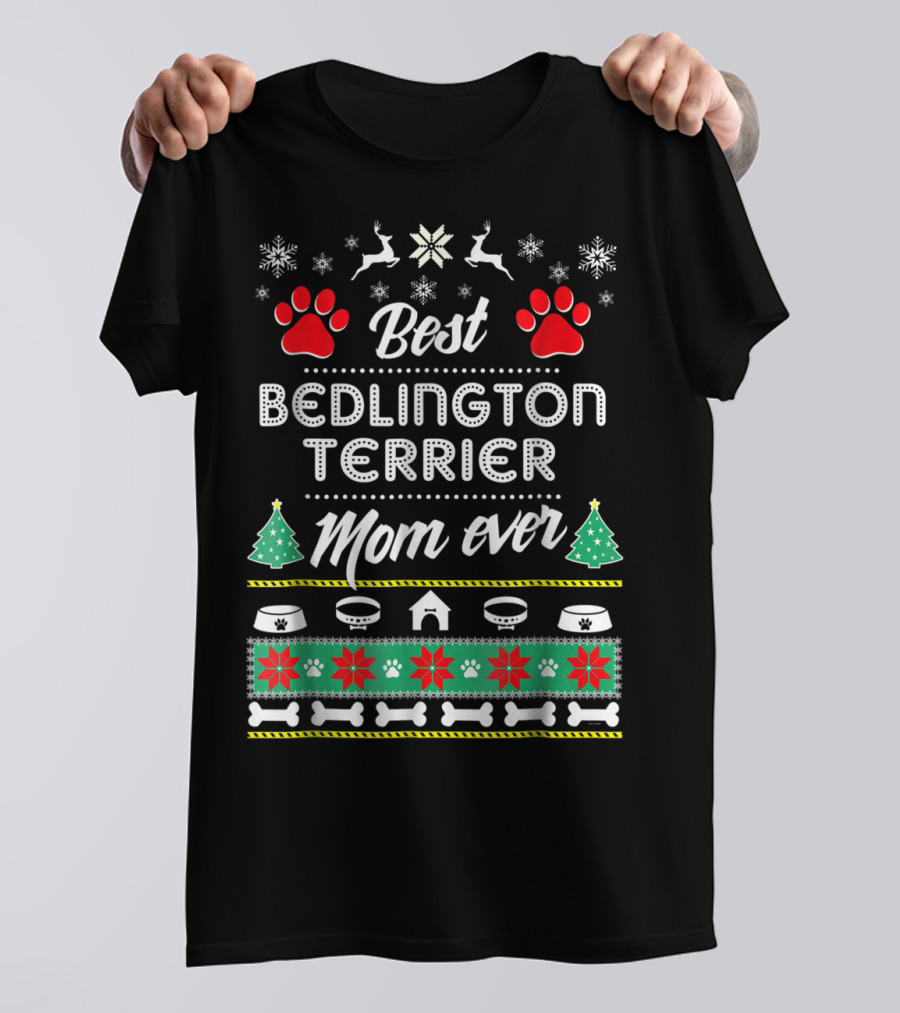 Best Bedlington Terrier Mom Ever With Christmas Reindeer And Paw Prints T-Shirt