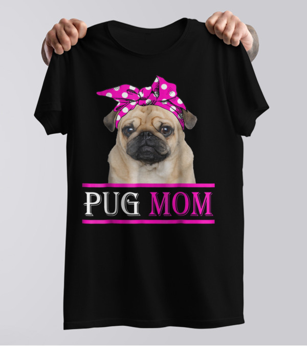 Pug Mom Cute Dog With Pink Polka Dot Bow T-Shirt