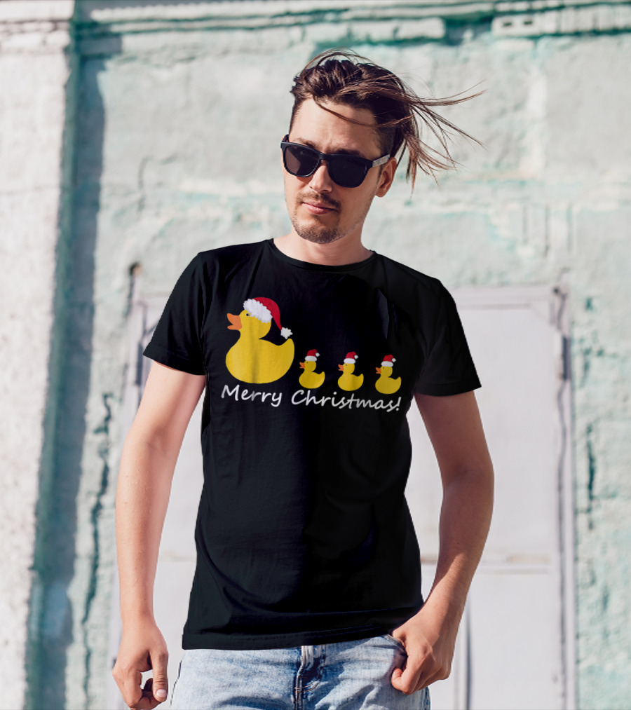 Merry Christmas Rubber Duck Family Santa Hat Mom Of Three T-Shirt