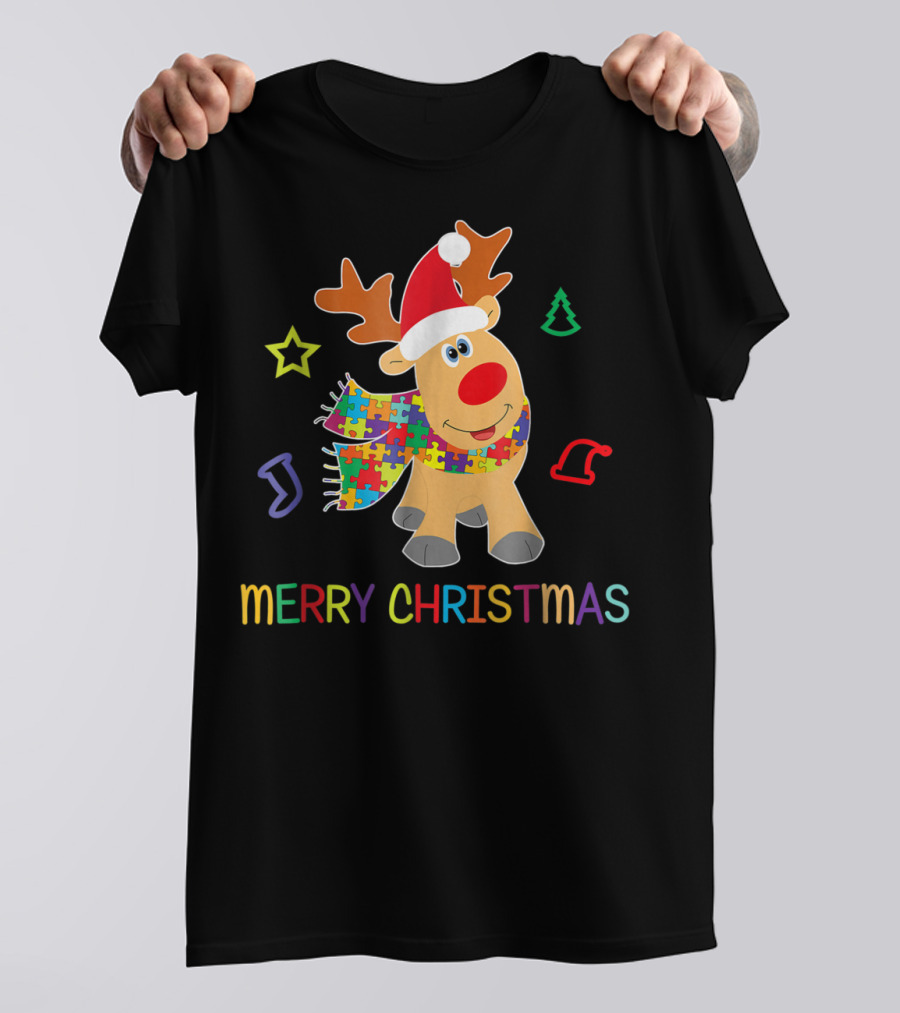 Merry Christmas Autism Awareness Reindeer Puzzle Scarf Holiday Kids 65 T-Shirt