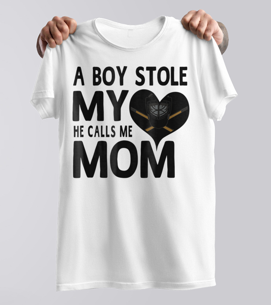 A Boy Stole My Heart He Calls Me Mom Hockey Heart Mask T-Shirt