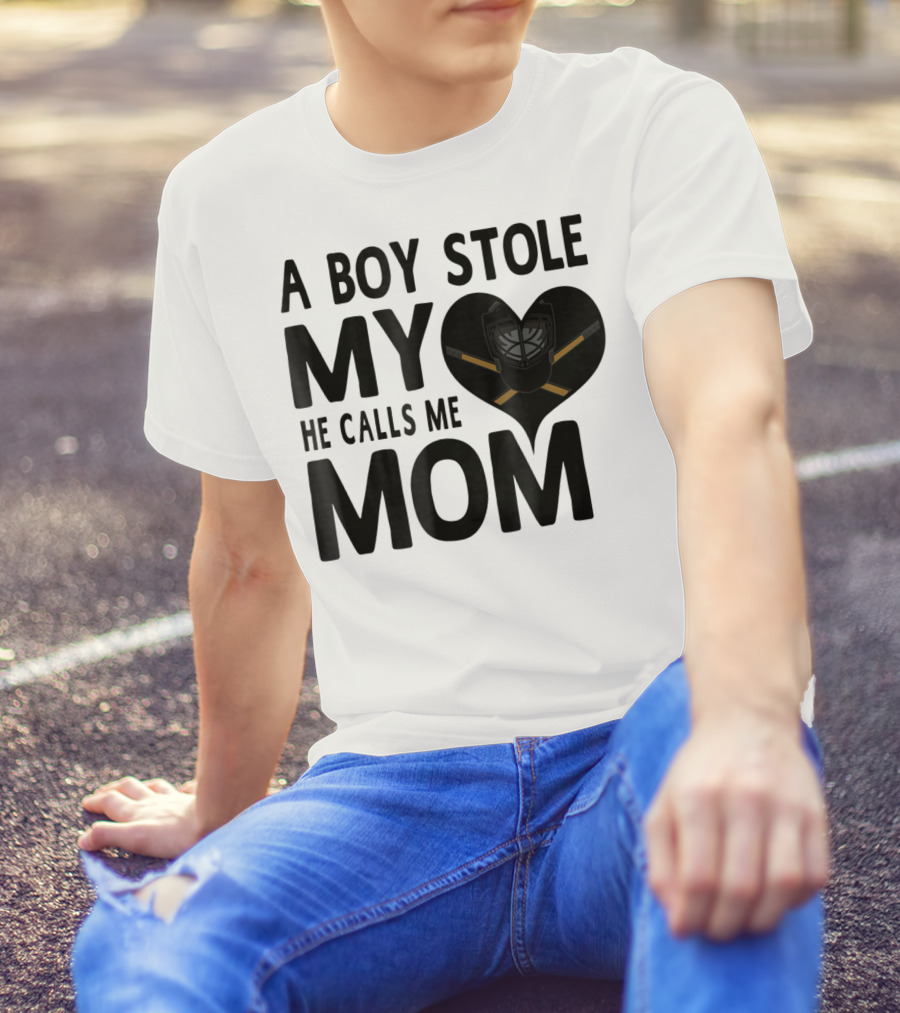 A Boy Stole My Heart He Calls Me Mom Hockey Heart Mask T-Shirt
