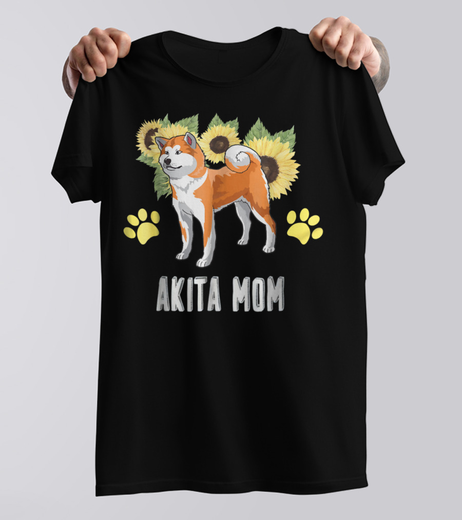 Akita Mom Sunflower With Paw Print Elements T-Shirt