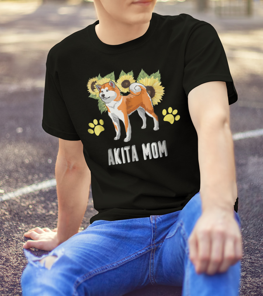 Akita Mom Sunflower With Paw Print Elements T-Shirt