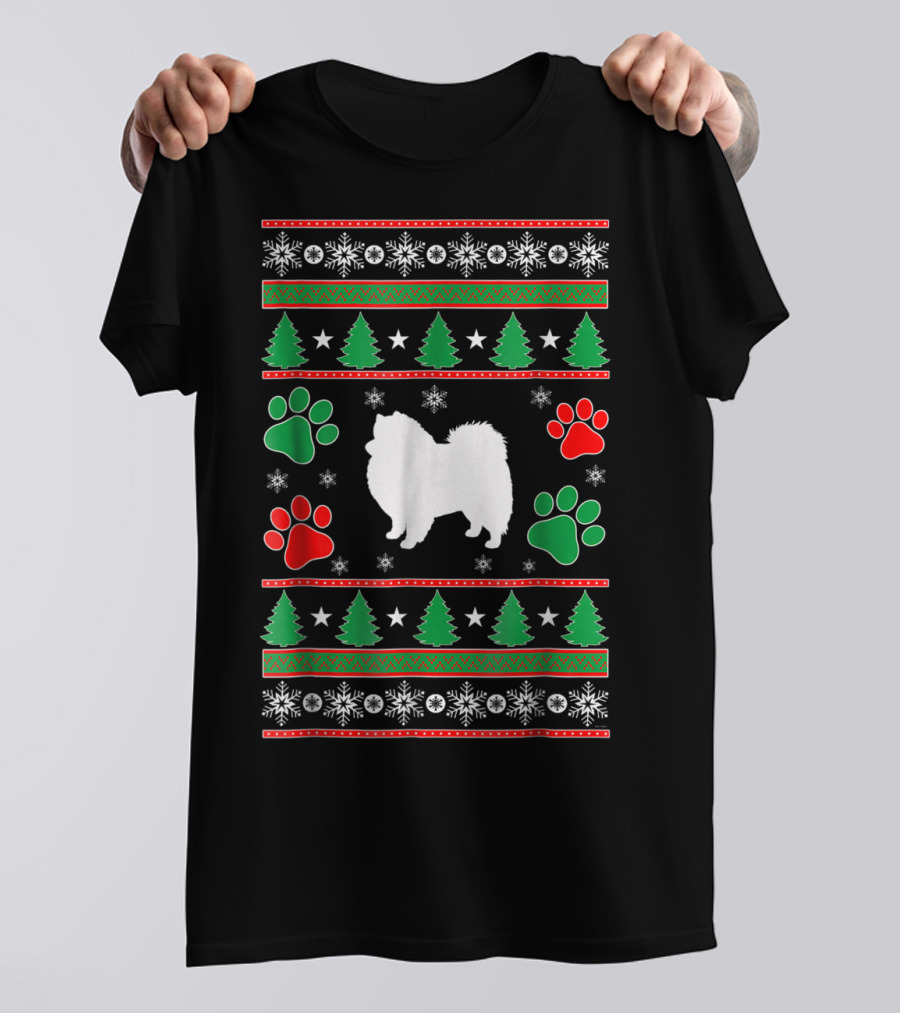 American Eskimo Spitz Mom Holiday Dogs Christmas Trees Snowflakes Paws T-Shirt
