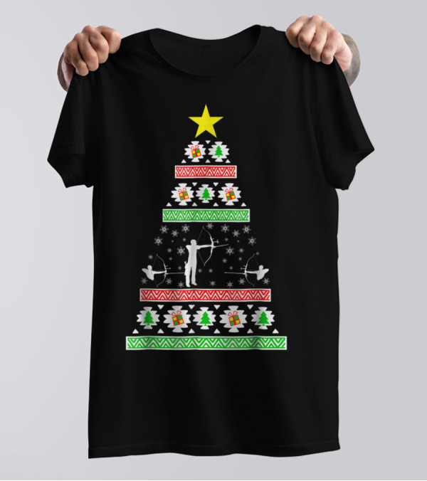 Archery Ugly Christmas Dad98 Tree Pattern With Star And Gifts T-Shirt
