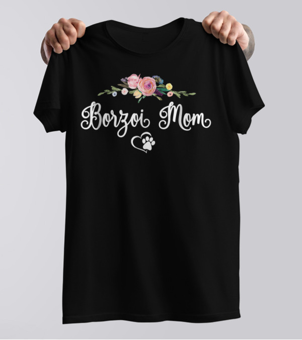 Borzoi Mom Floral Heart Paw Prints T-Shirt