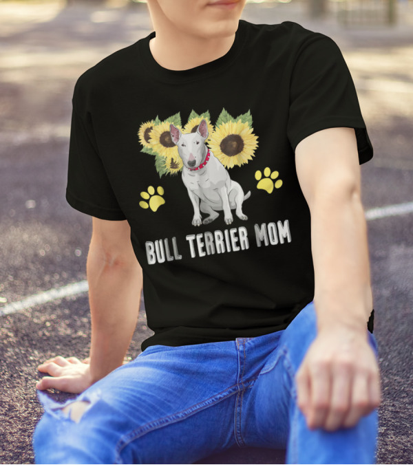 Bull Terrier Mom With Sunflowers And Paw Prints T-Shirt
