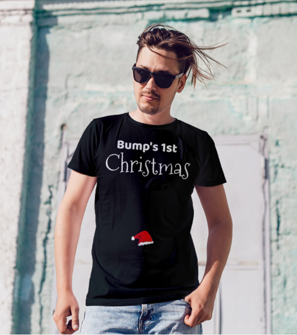 Bump's 1st Christmas Fun Pregnancy Reveal New Mom Holiday Santa Hat T-Shirt