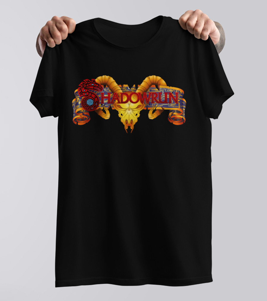 Shadowrun Red Spiral Dragon And Yellow Horned Skull T-Shirt