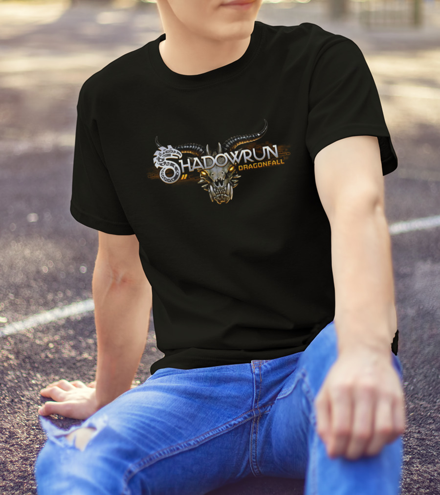 Shadowrun Dragonfall Logo With Mechanical Dragon Head And Tribal T-Shirt