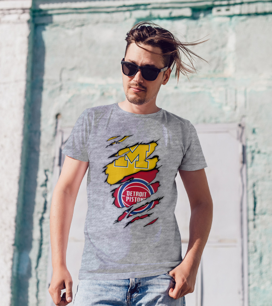 Detroit Pistons Michigan Wolverines Team Logo Mashup T-Shirt