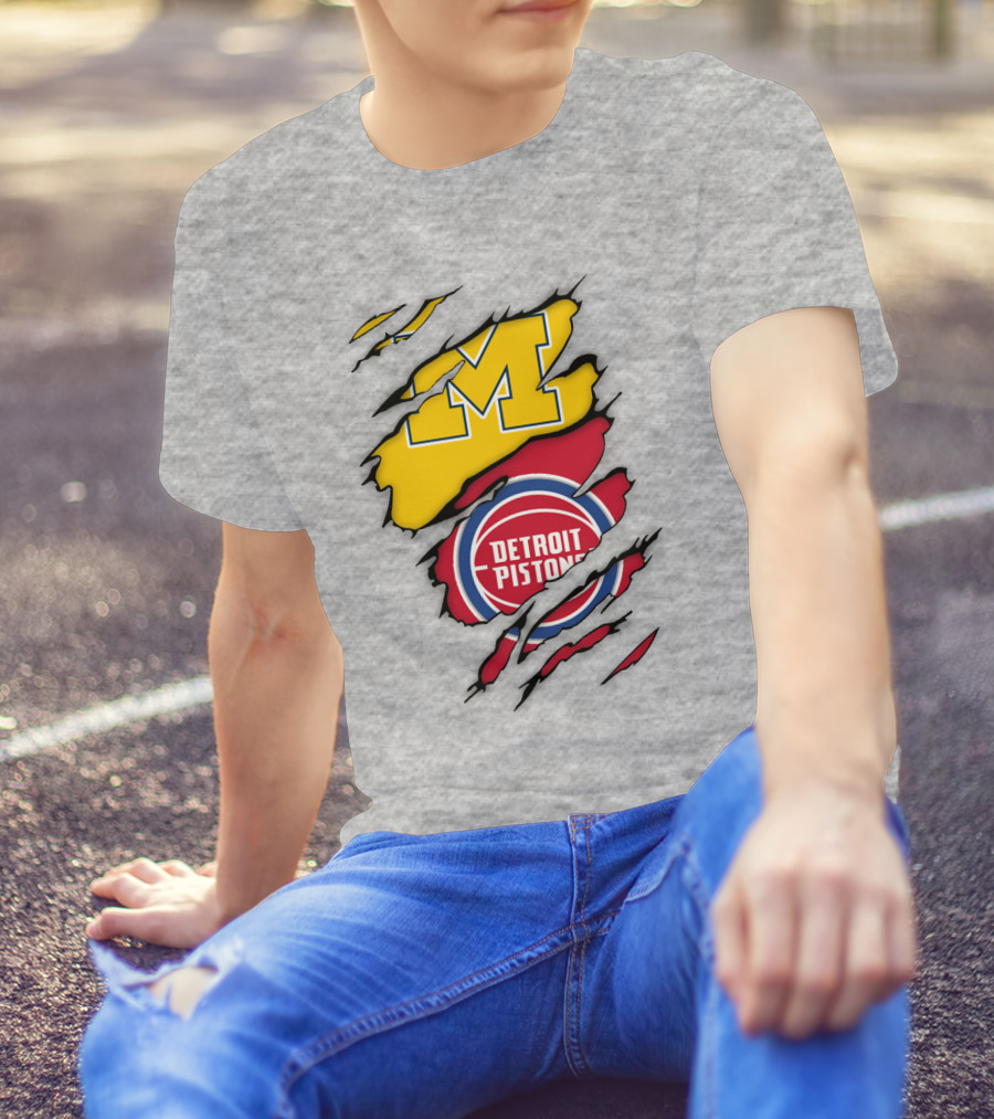Detroit Pistons Michigan Wolverines Team Logo Mashup T-Shirt