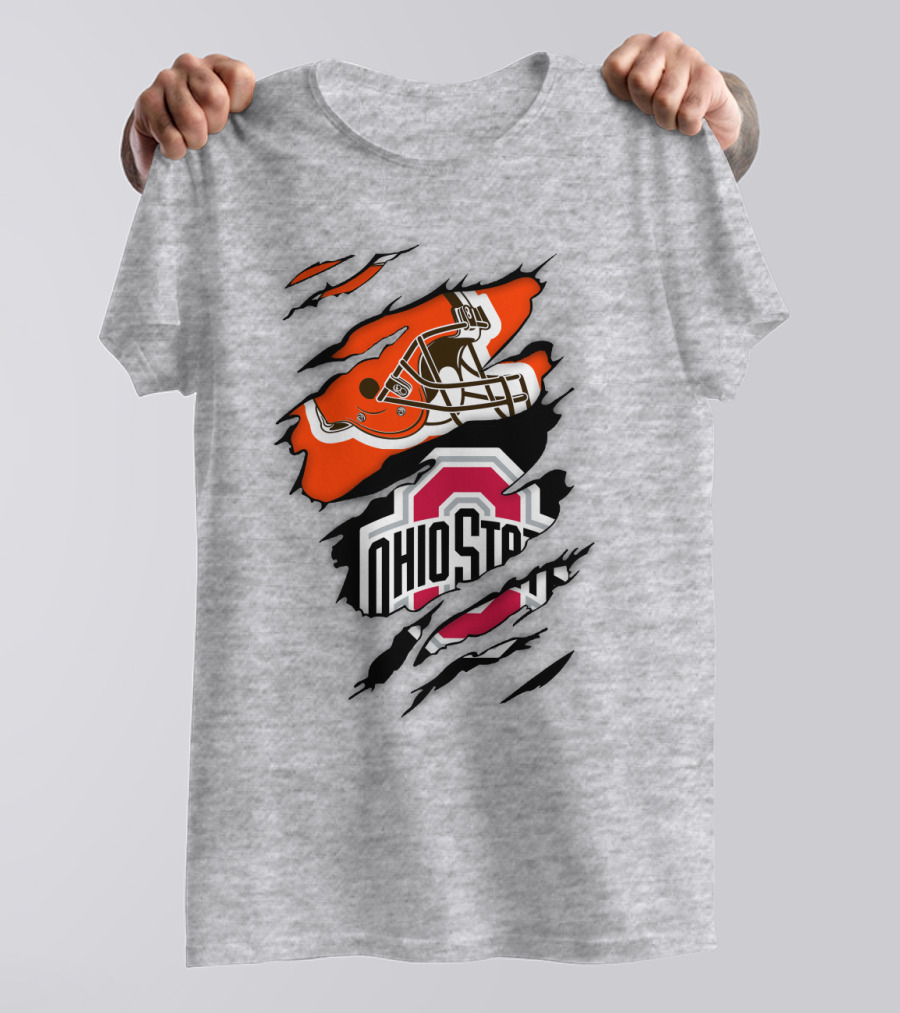 Cleveland Browns Helmet And Ohio State Buckeyes Logo Ripped T-Shirt