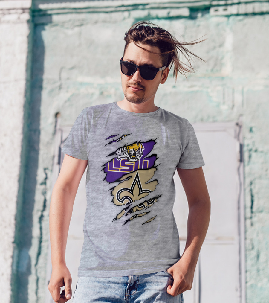 Lsu Tigers And New Orleans Saints Tearaway Tiger Fleur-De-Lis T-Shirt