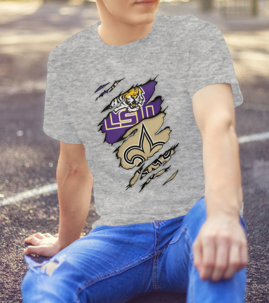 Lsu Tigers And New Orleans Saints Tearaway Tiger Fleur-De-Lis T-Shirt