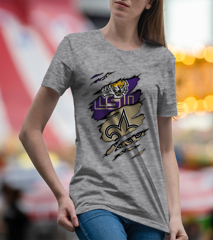 Lsu Tigers And New Orleans Saints Tearaway Tiger Fleur-De-Lis T-Shirt