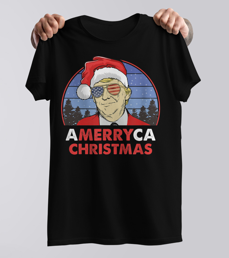 Amerryca Christmas Funny Holiday Trump Santa Hat Glasses T-Shirt