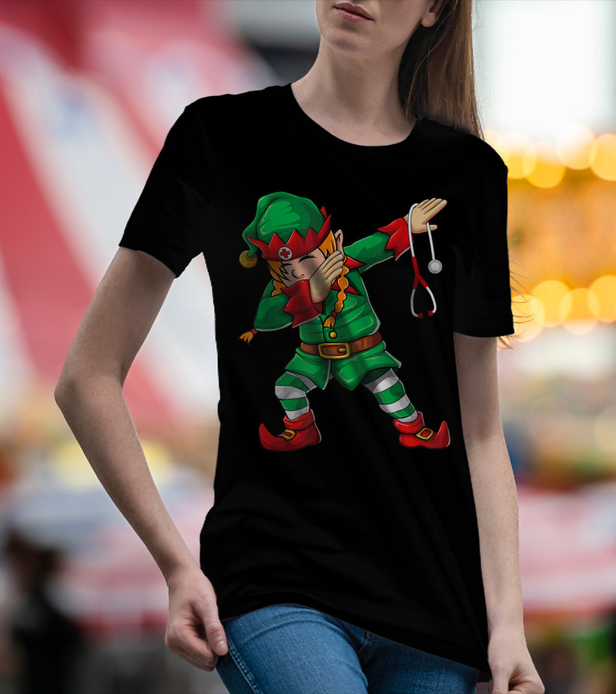 Dabbing Elf Girl Christmas Nurse Stethoscope Scrub Tops T-Shirt