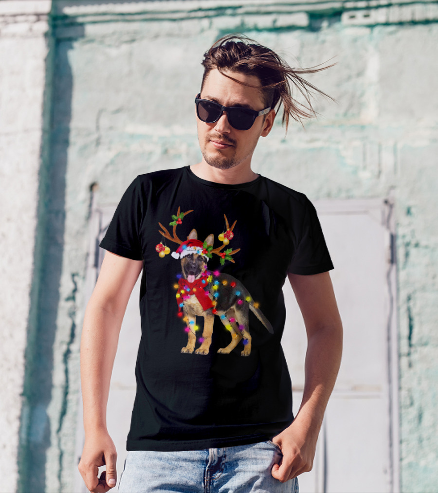German Shepherd Christmas Dog With Reindeer Antlers And Holiday Lights T-Shirt