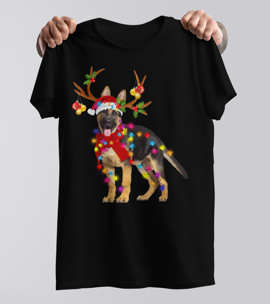 German Shepherd Christmas Dog With Reindeer Antlers And Holiday Lights T-Shirt