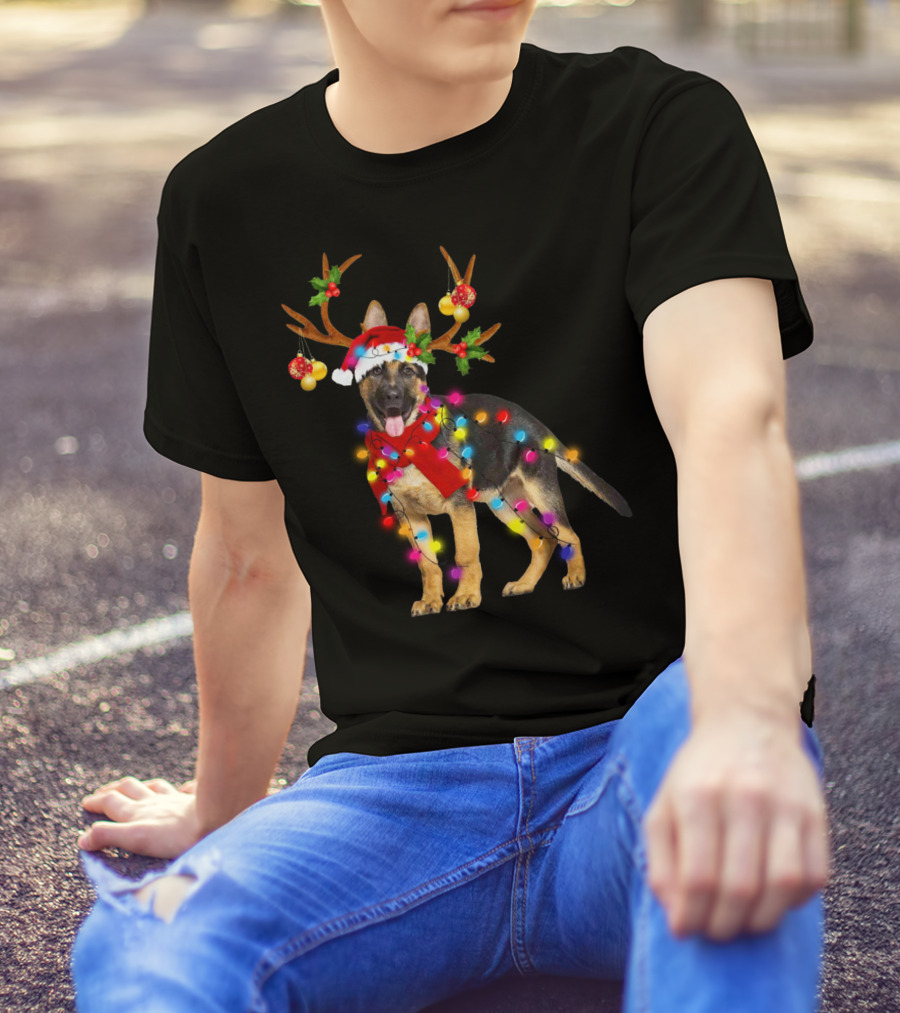 German Shepherd Christmas Dog With Reindeer Antlers And Holiday Lights T-Shirt