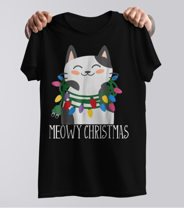 Meowy Christmas Holiday Funny Catma With Festive Lights And Happy Smiling Cat T-Shirt