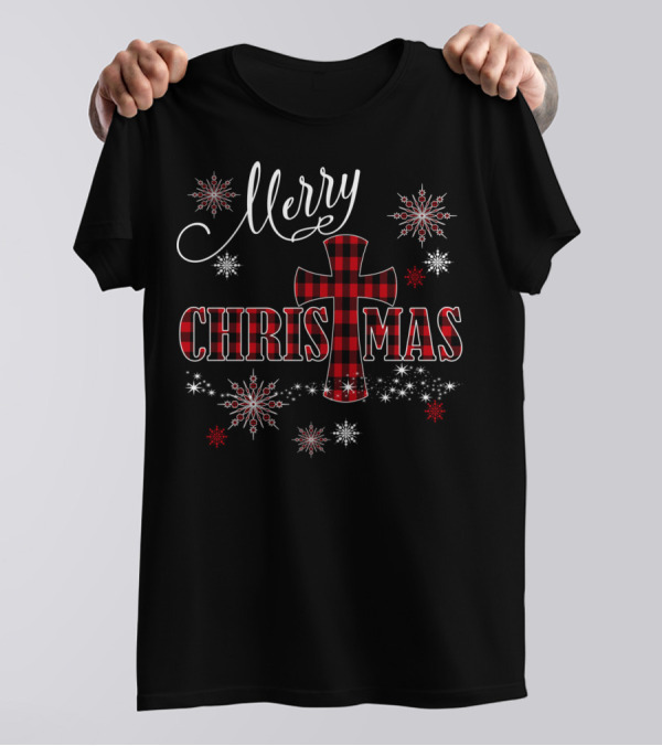 Merry Christmas Christian Cross Buffalo Plaid With Snowflakes T-Shirt