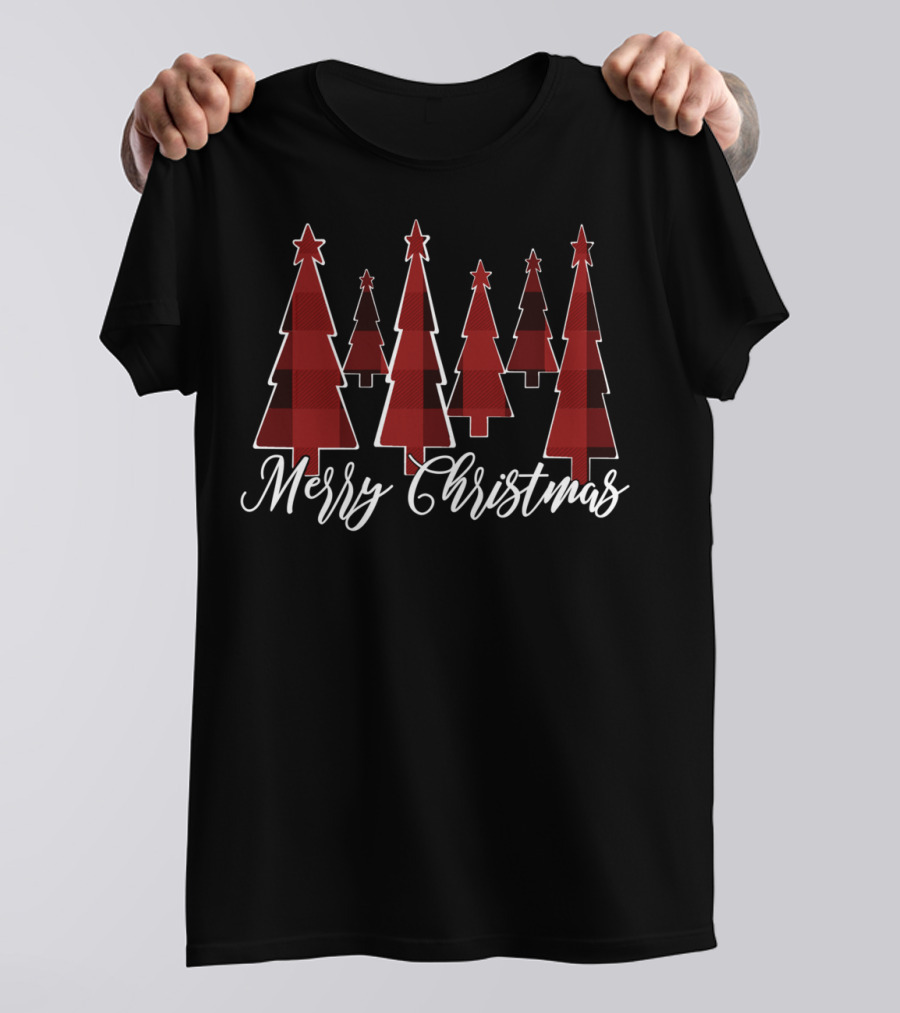 Merry Christmas Red And Black Buffalo Plaid Trees T-Shirt