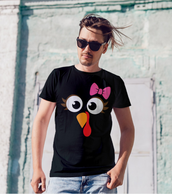 Turkey Face With Pink Bow Girl Cartoon Eyes T-Shirt