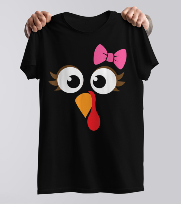 Turkey Face With Pink Bow Girl Cartoon Eyes T-Shirt
