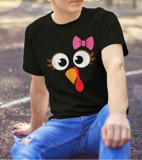 Turkey Face With Pink Bow Girl Cartoon Eyes T-Shirt