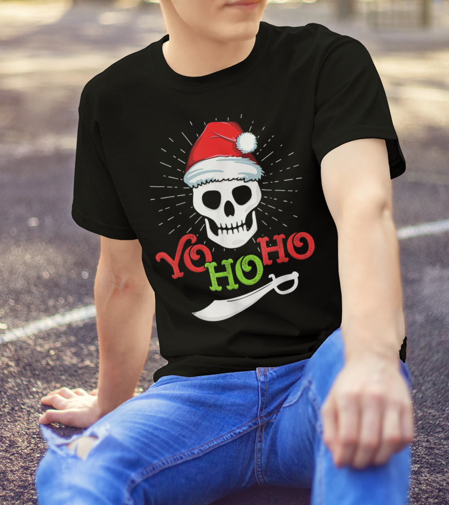 Yo Ho Ho Skull With Santa Hat And Sword T-Shirt