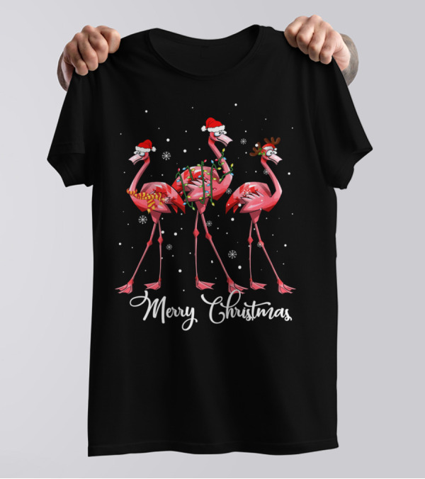 Merry Christmas Flamingo Christmas Lights Santa Hat Reindeer Antlers T-Shirt