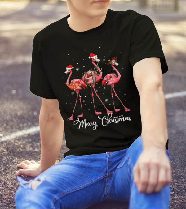 Merry Christmas Flamingo Christmas Lights Santa Hat Reindeer Antlers T-Shirt
