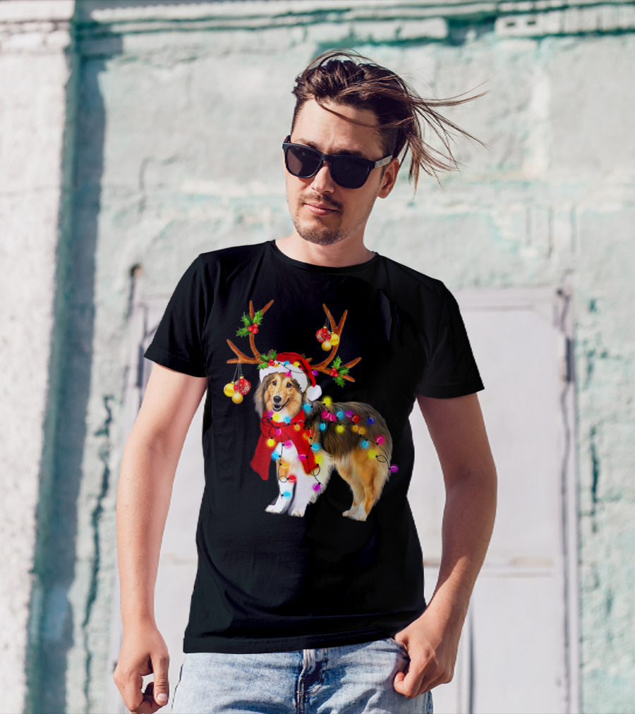 Christmas Sheltie Dog In Santa Hat With Reindeer Antlers And Colorful String Lights T-Shirt