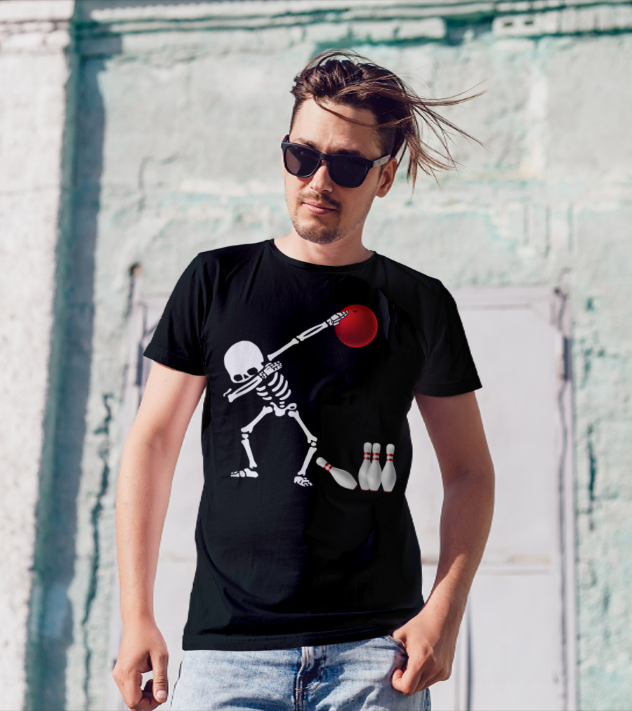 Skeleton Bowler Dabbing With Red Bowling Ball And Pins Fun Bones Lover T-Shirt