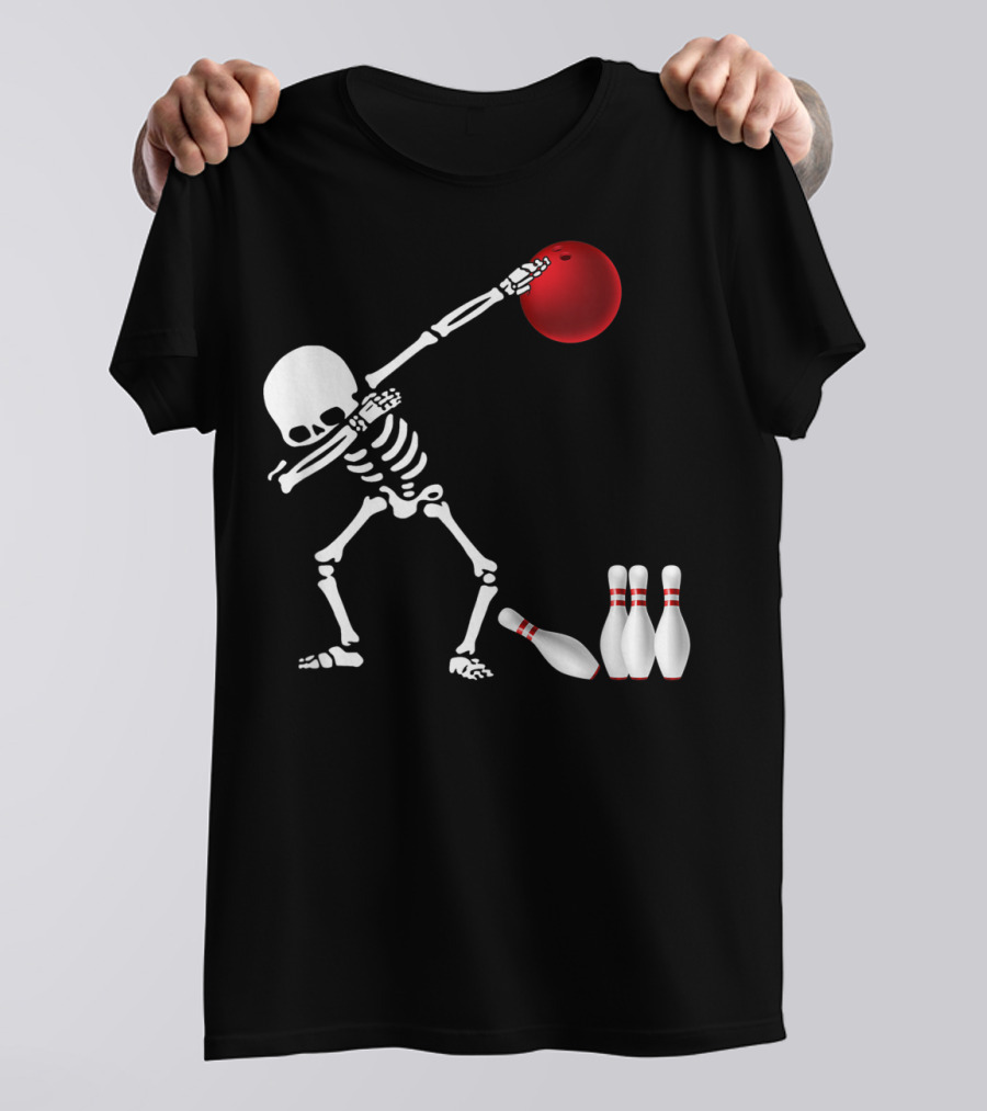 Skeleton Bowler Dabbing With Red Bowling Ball And Pins Fun Bones Lover T-Shirt
