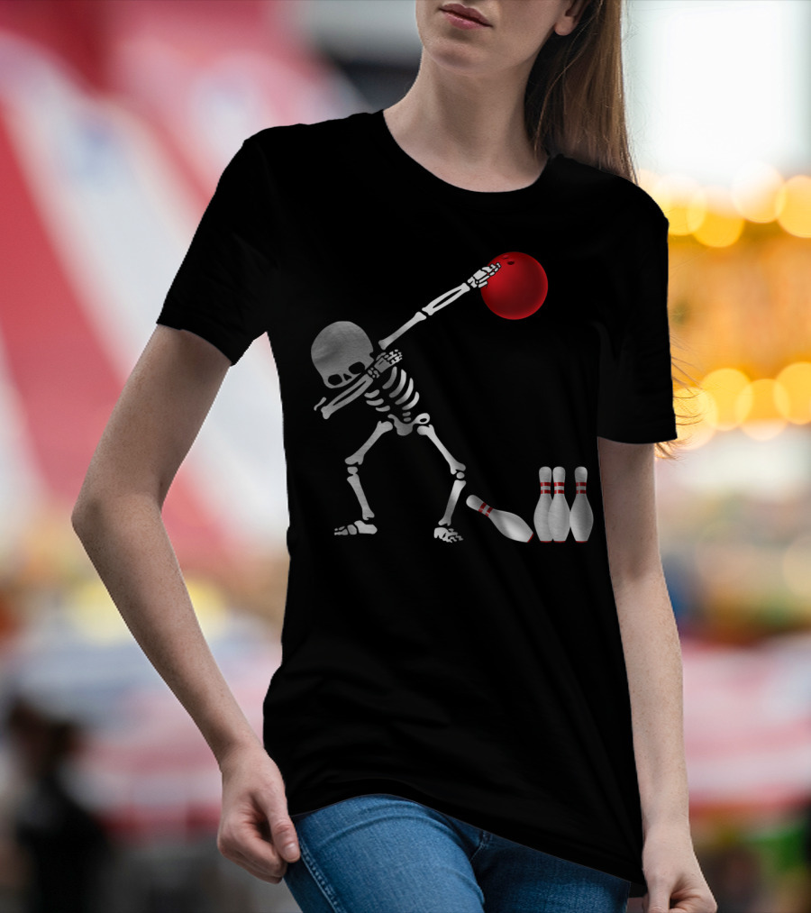 Skeleton Bowler Dabbing With Red Bowling Ball And Pins Fun Bones Lover T-Shirt
