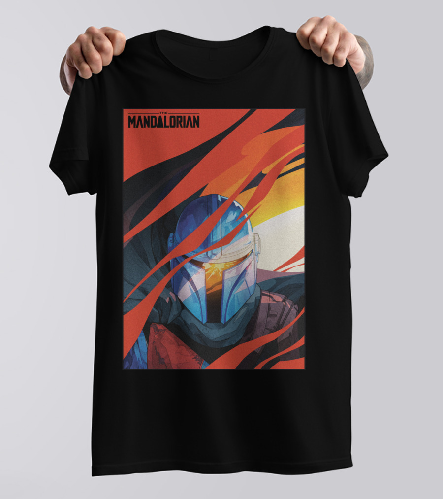 Star Wars The Mandalorian Helmet With Red And Orange Abstract Waves T-Shirt
