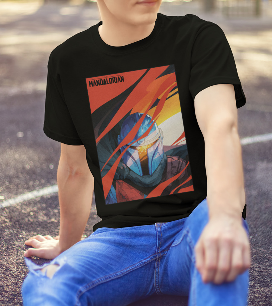 Star Wars The Mandalorian Helmet With Red And Orange Abstract Waves T-Shirt