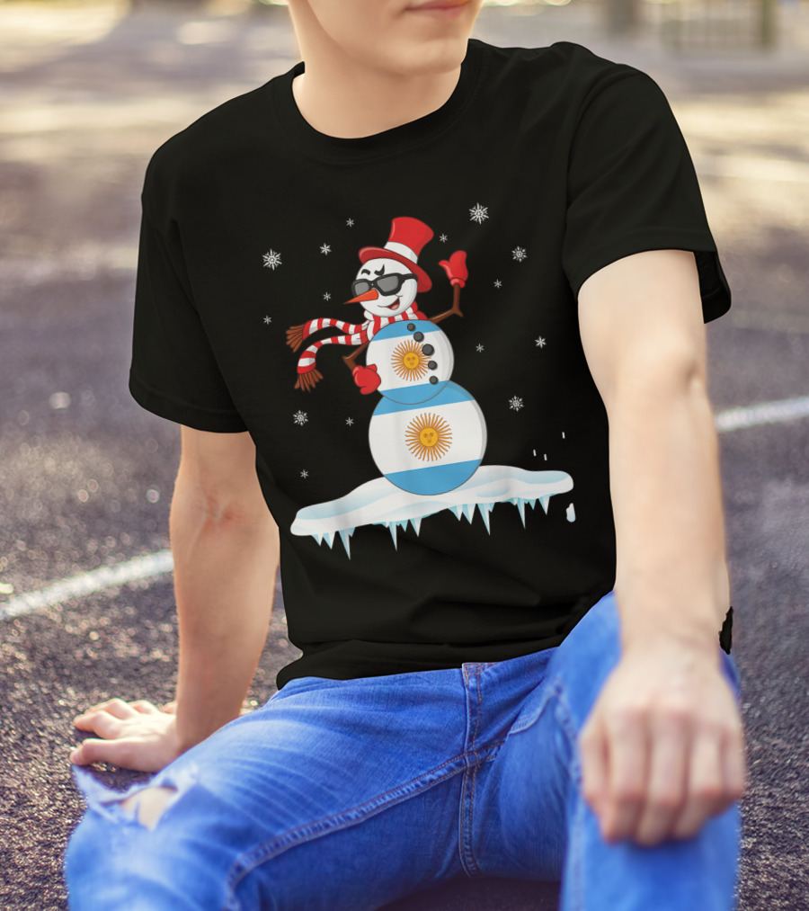 Argentinian Flag Snowman Dancing In Sunglasses Merry Winter T-Shirt