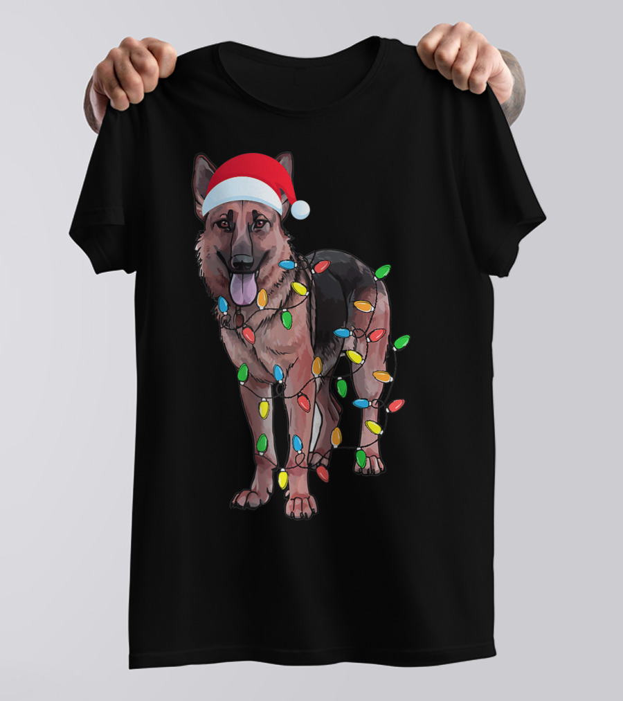 Christmas German Shepherd Dog Santa Hat Wrapped In Lights T-Shirt