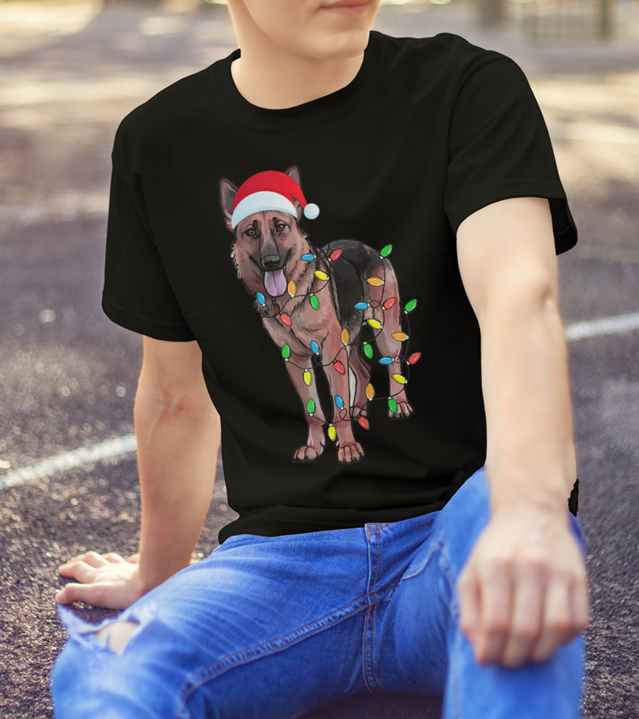 Christmas German Shepherd Dog Santa Hat Wrapped In Lights T-Shirt