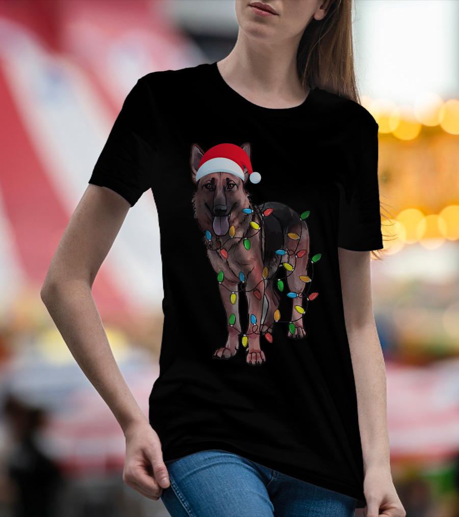 Christmas German Shepherd Dog Santa Hat Wrapped In Lights T-Shirt