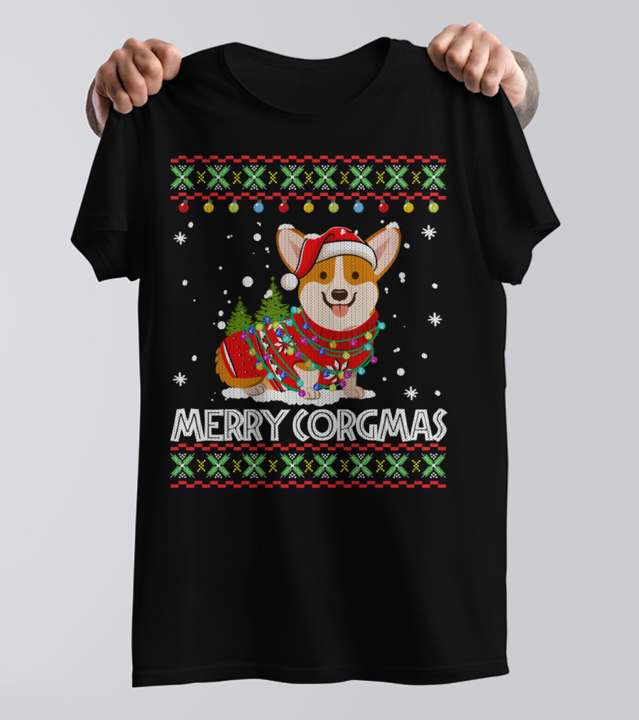 Merry Corgmas Corgi Dog Santa Hat Christmas Tree Lights Sweater Snowflakes T-Shirt