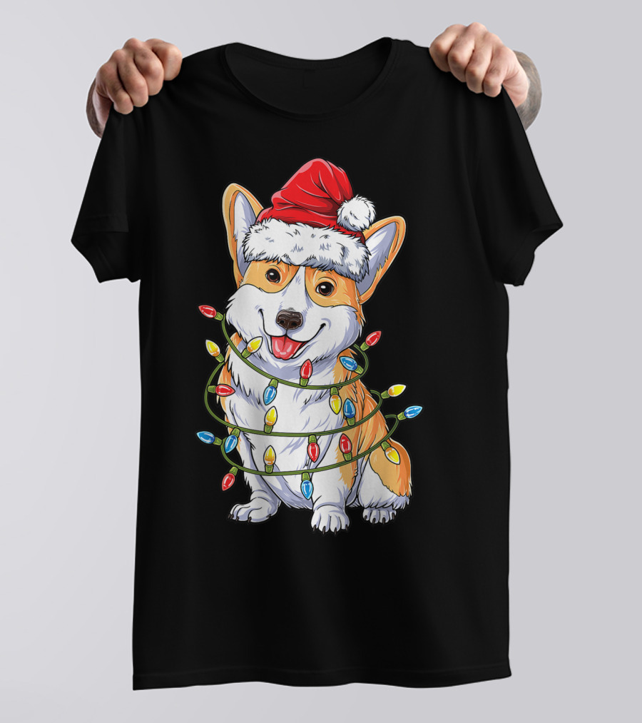 Corgi Santa Hat Wrapped In Christmas Tree Lights T-Shirt